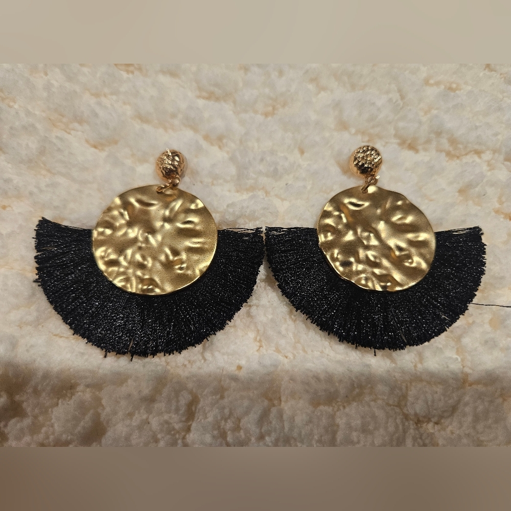 Oversized Elegant Boho Gold and Black Fringe Earrings